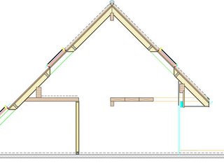 Schnitt durch die zweigeschossige Dachkonstruktion, die aus vorgefertigten Holzbauelementen besteht. Die längsten Elemente – die Firstpfetten – sind 16 Meter lang und wurden am Stück vor Ort montiert. Beplankt mit Gipsplatten, ist die Holzkonstruktion in den Wohnungen selbst nicht mehr zu erkennen. 
